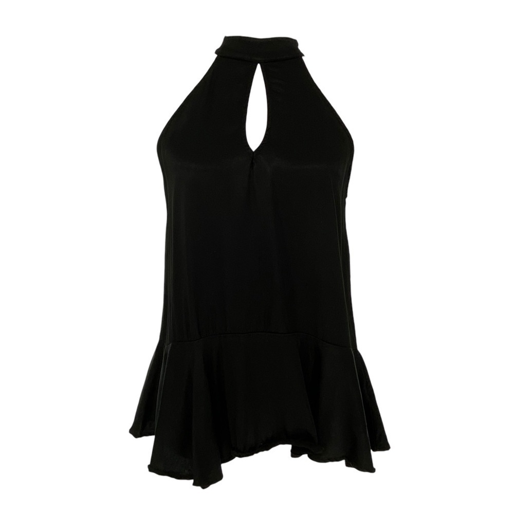 Maven West Black Halter Mock Neck Peplum Sleeveless Keyhole Blouse, Small